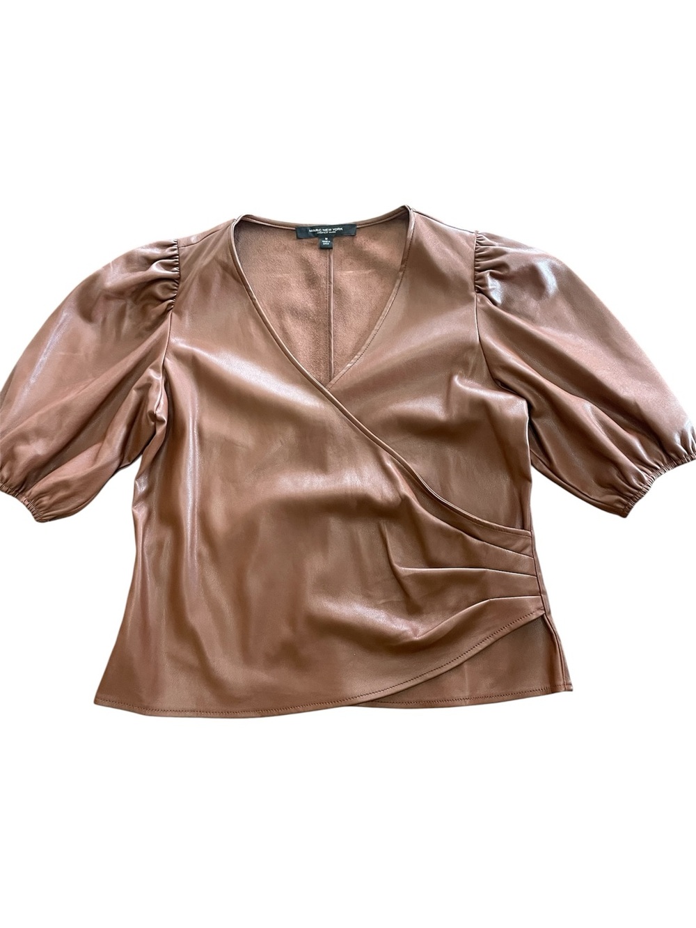 Faux-Leather Puff Sleeve Wrap Blouse in Cognac Size Medium